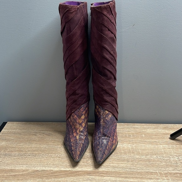 Romenni 80s Vibe Elegant Knee-High Kitten Heel Pointed Toe Boots Suede Snake 36 - Picture 3 of 15